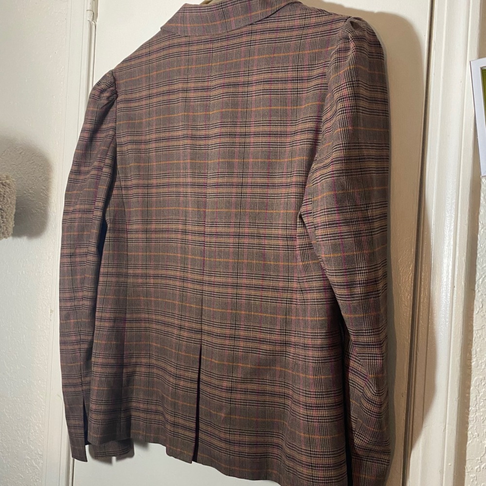 Free People Women's Plaid Blazer Jacket Brown Pink Orange Career Puff Sleeve‎ - Picture 5 of 9